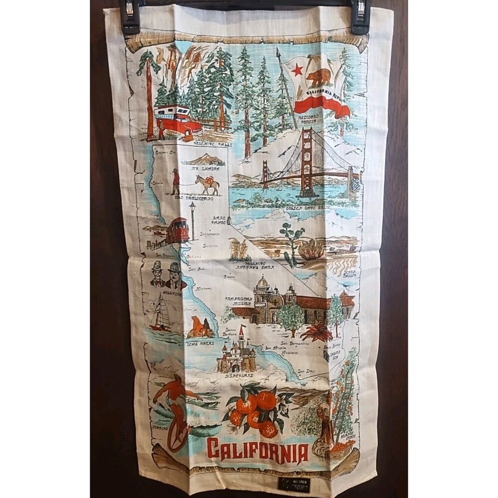 Vtg Linen Kitchen Tea Towel California Disneyland Surfer Souvenir Stevens Linens
